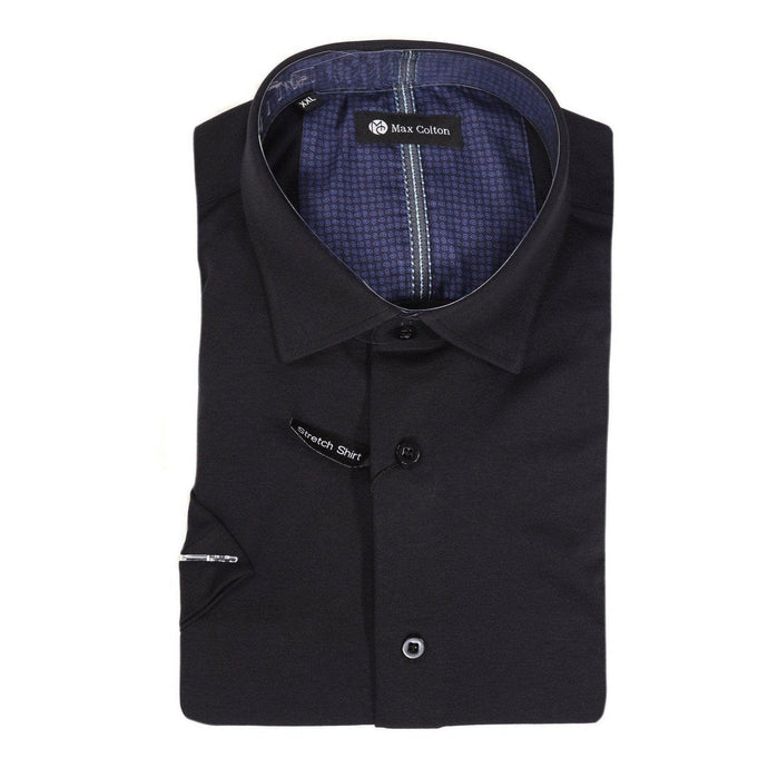 MAX COLTON: Short Sleeve Black Knit Button Down guys-and-co